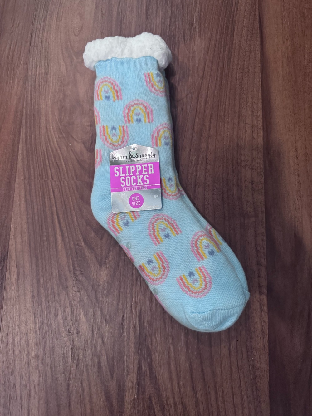 Warm & Snugly Slipper Socks - Light Blue with Rainbow Print
